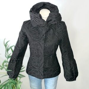 e u r o :: Unique Floral Jacquard Draped Puffy Collar Jacket